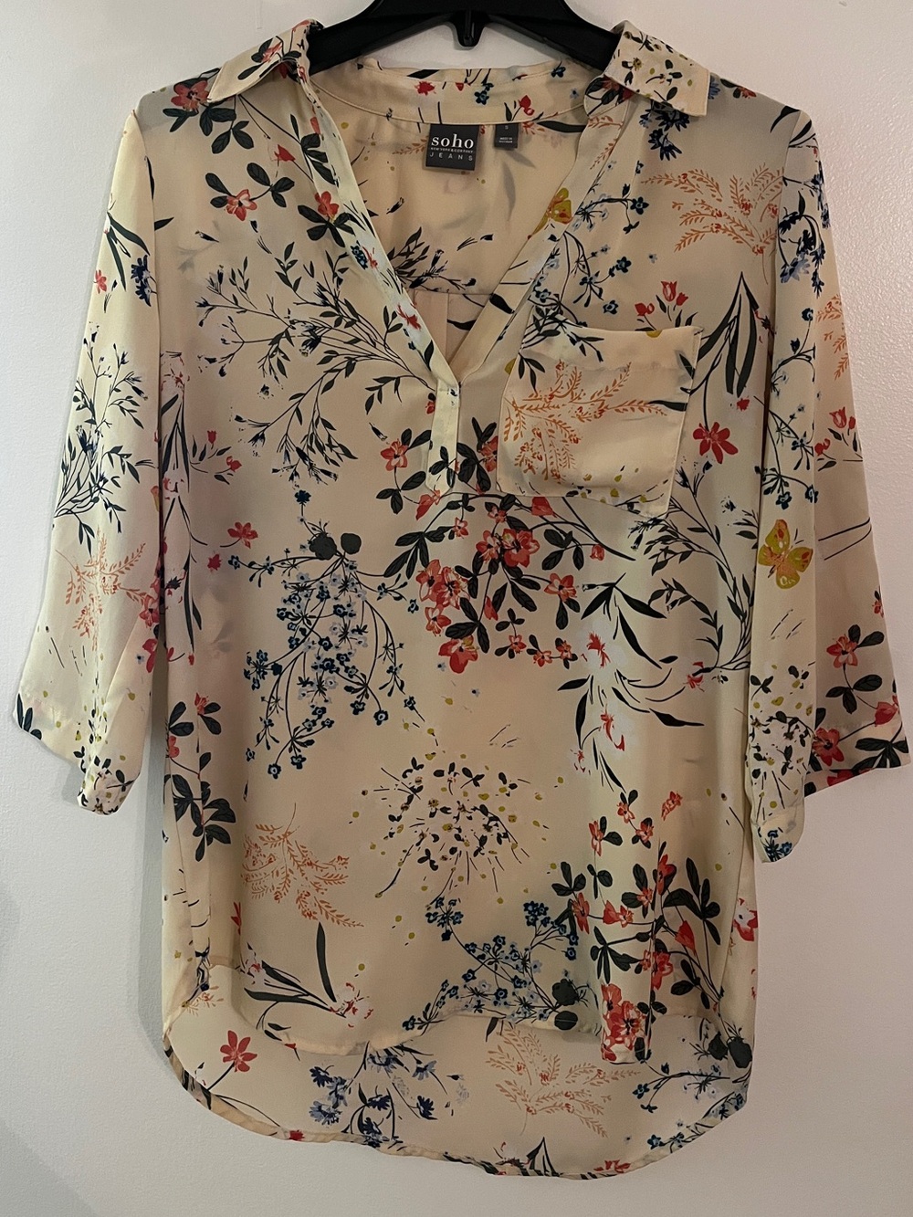 New York & Company Cream Floral V-Neck Collared Blouse